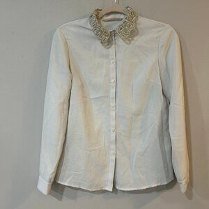 Ochirly White Button Down Collared Blouse Women's Size Medium